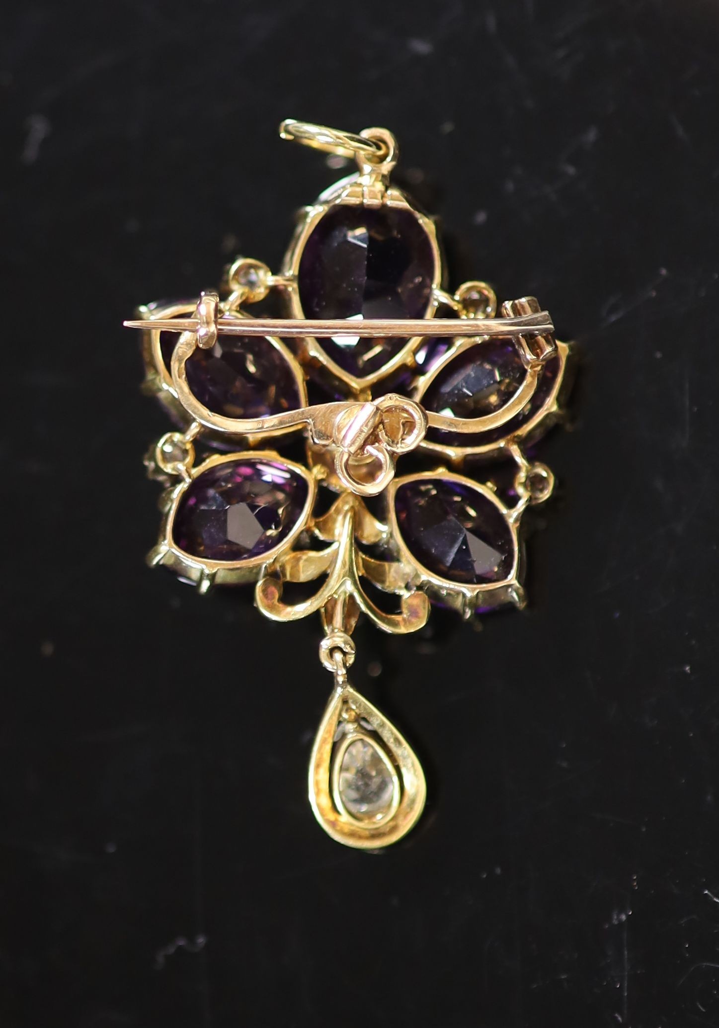 An early 20th century style continental gold, amethyst, seed pearl, enamel and diamond drop pendant brooch